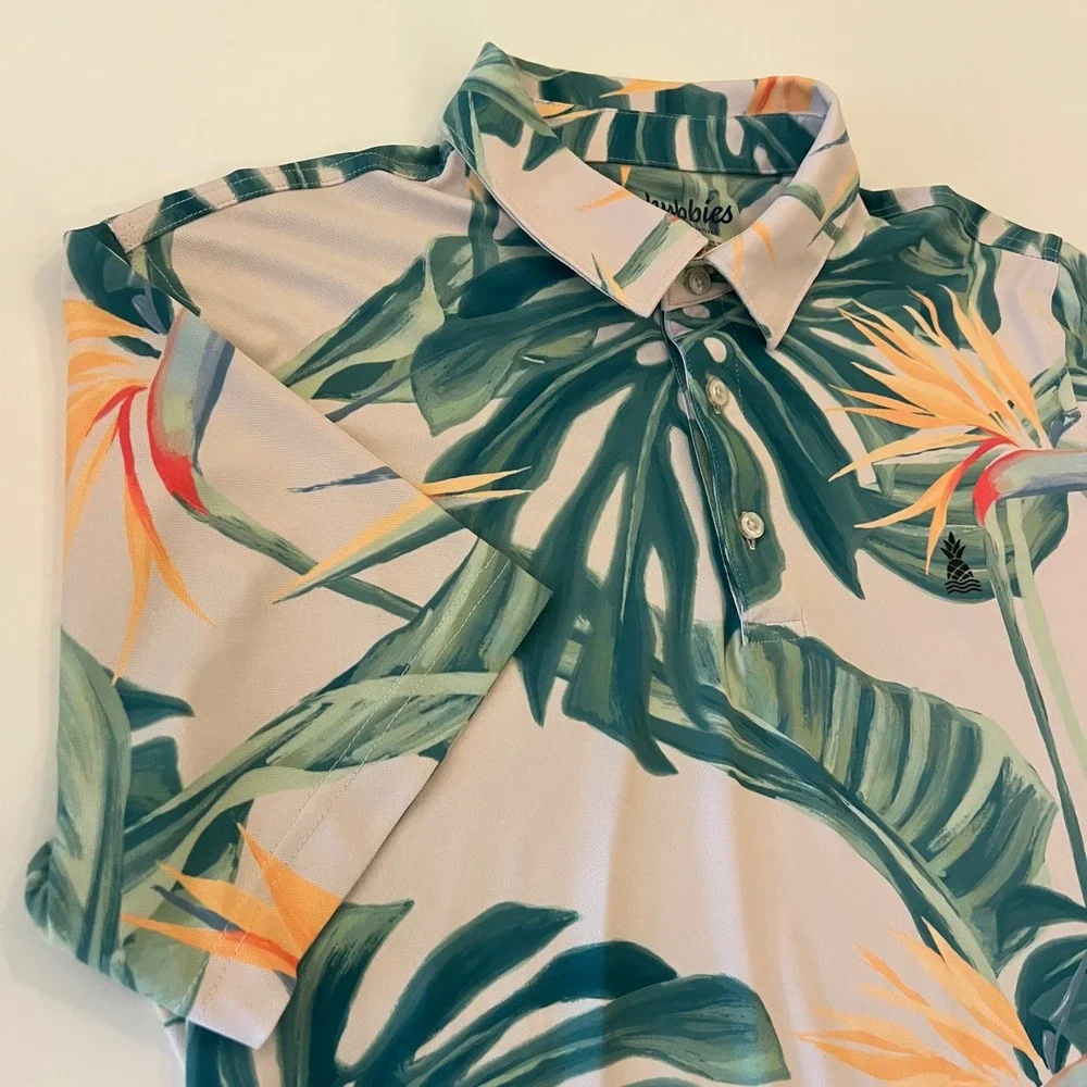 Chubbies Tropical Performance Polo Shirt Medium Bird of Paradise